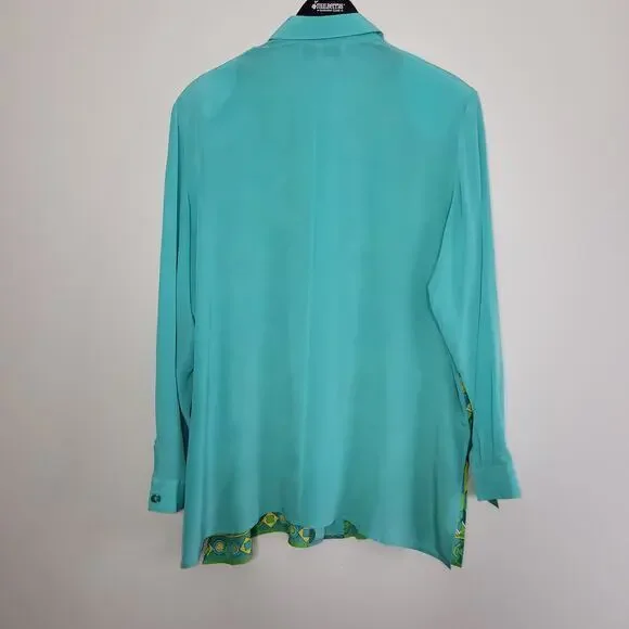 Diane Gilman Womens Blouse Top 1X Silk Sequin Art to Wear Blue Yellow Green - Picture 2 of 9
